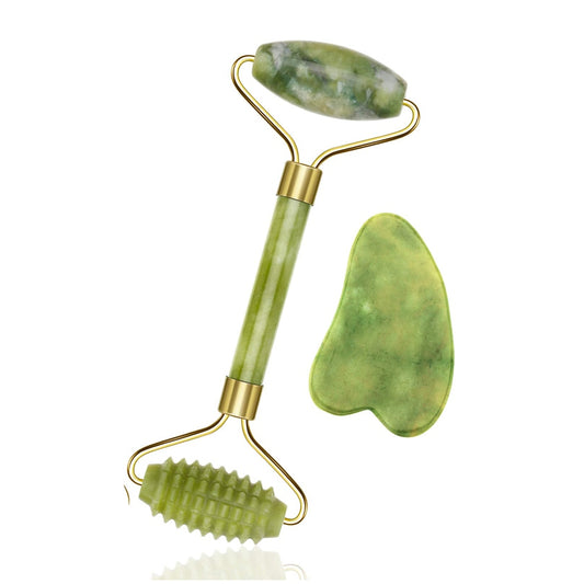 Green Natural Beauty Double Thorn Head Roller and Jade Roller Facial Massage